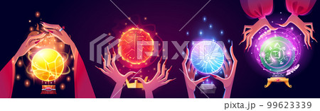 Cartoon set of witch hands with magic ball 99623339