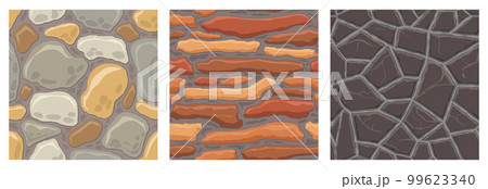 Cartoon game textures, rocks, dirt and ground surface seamless patterns. Game assets walls and environment backgrounds 99623340