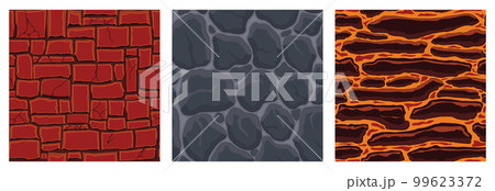 Cartoon game textures, lava, rocks and brick, dirt and ground surface seamless patterns. Game assets walls and environment backgrounds 99623372
