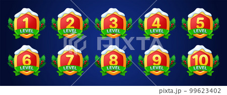 Game badges with level number, holly berry, leaves 99623402