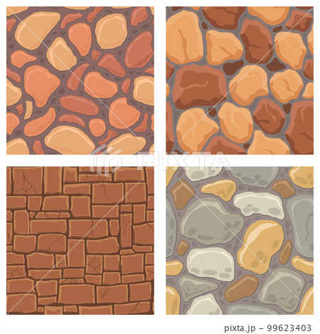 Cartoon game textures, rocks, dirt and ground surface seamless patterns. Game assets walls and environment backgrounds Cartoon game textures, rocks, dirt and ground surface seamless patterns. Game assets walls and environment backgrounds 99623403