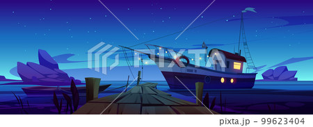 Fishing boats at pier in lake, river or sea harbor 99623404