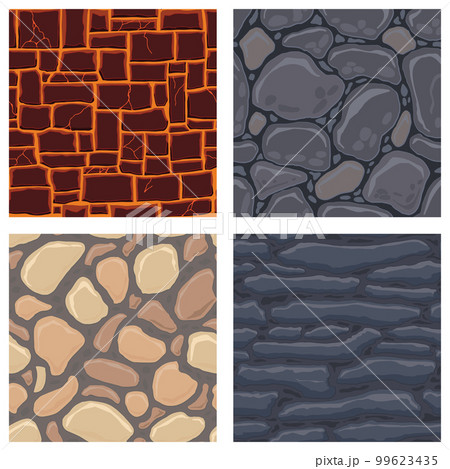 Cartoon game textures, lava, rocks and brick, dirt and ground surface seamless patterns. Game assets walls and environment backgrounds Cartoon game textures, lava, rocks and brick, dirt and ground surface seamless patterns. Game assets walls and environment backgrounds 99623435