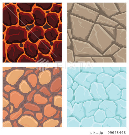 Cartoon game textures, lava, ice, rocks and brick, dirt and ground surface seamless patterns. Game assets walls and environment backgrounds 99623448