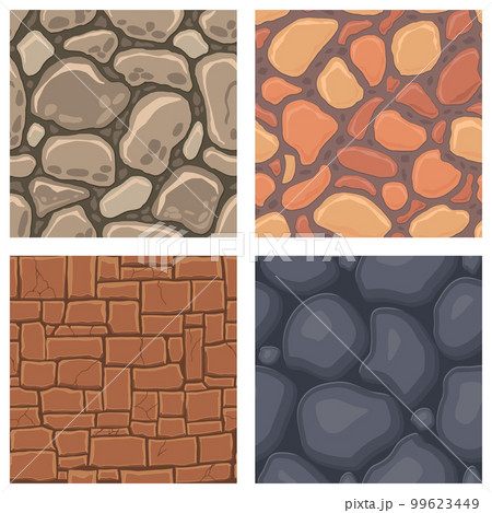 Cartoon game textures, rocks, dirt and ground surface seamless patterns. Game assets walls and environment backgrounds 99623449