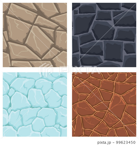 Cartoon game textures, ice, rocks and brick, dirt and ground surface seamless patterns. Game assets walls and environment backgrounds 99623450
