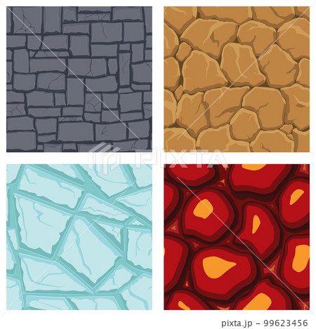 Cartoon game textures, lava, ice, rocks and brick, dirt and ground surface seamless patterns. Game assets walls and environment backgrounds 99623456