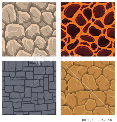 Cartoon game textures, lava, rocks and brick, dirt and ground surface seamless patterns. Game assets walls and environment backgrounds 99623461
