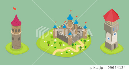 3D Isometric Flat Vector Set of Medieval Castles 99624124