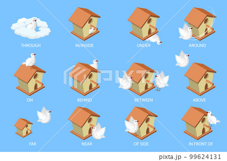 3D Isometric Flat Vector Conceptual Illustration of Prepositions of Place for Preschool 99624131