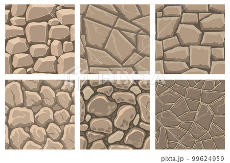 Cartoon game textures, rocks, dirt and ground surface seamless patterns. Game assets walls and environment backgrounds 99624959