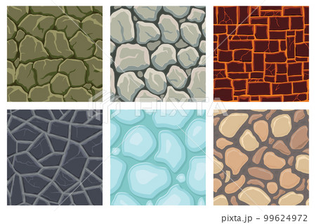 Cartoon game textures, lava, ice, rocks and brick, dirt and ground surface seamless patterns. Game assets walls and environment backgrounds Cartoon game textures, lava, ice, rocks and brick, dirt and ground surface seamless patterns. Game assets walls and environment backgrounds 99624972