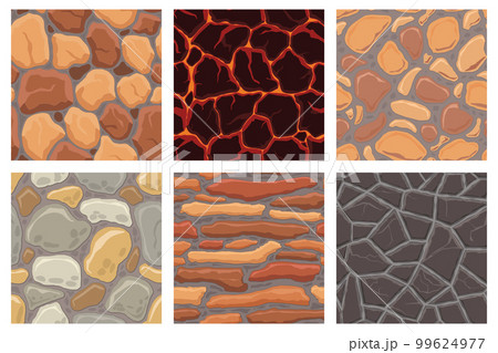 Cartoon game textures, lava, rocks and brick, dirt and ground surface seamless patterns. Game assets walls and environment backgrounds Cartoon game textures, lava, rocks and brick, dirt and ground surface seamless patterns. Game assets walls and environment backgrounds 99624977