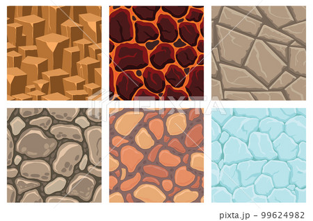 Cartoon game textures, lava, ice, rocks and brick, dirt and ground surface seamless patterns. Game assets walls and environment backgrounds 99624982