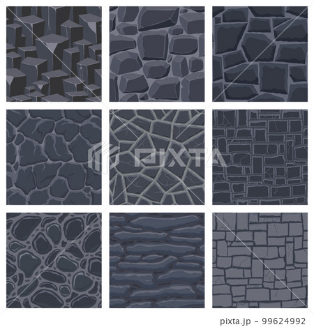Cartoon game textures, rocks, dirt and ground surface seamless patterns. Game assets walls and environment backgrounds 99624992