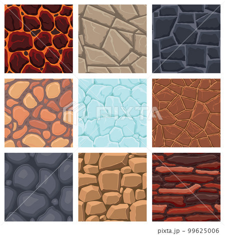 Cartoon game textures, lava, ice, rocks and brick, dirt and ground surface seamless patterns. Game assets walls and environment backgrounds 99625006