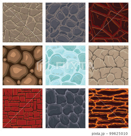 Cartoon game textures, lava, ice, rocks and brick, dirt and ground surface seamless patterns. Game assets walls and environment backgrounds Cartoon game textures, lava, ice, rocks and brick, dirt and ground surface seamless patterns. Game assets walls and environment backgrounds 99625010