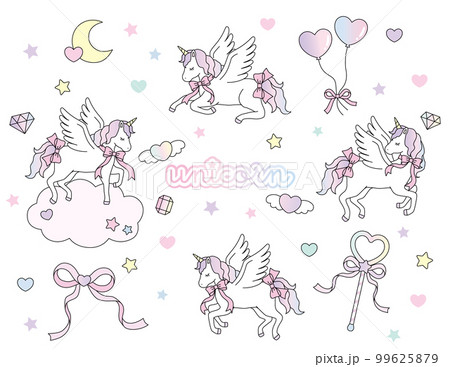リボンをつけたかわいいユニコーン ゆめかわ イラスト素材セット リボンをつけたかわいいユニコーン ゆめかわ イラスト素材セット 99625879
