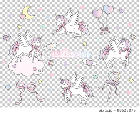 リボンをつけたかわいいユニコーン ゆめかわ イラスト素材セット リボンをつけたかわいいユニコーン ゆめかわ イラスト素材セット 99625879