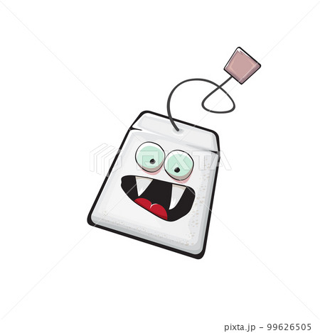 Cartoon tea bag characters isolated on white background. Funky paper tea bag character with eyes and mouth. Vector white teabag with clip art, emoji, label and sticker Cartoon tea bag characters isolated on white background. Funky paper tea bag character with eyes and mouth. Vector white teabag with clip art, emoji, label and sticker 99626505