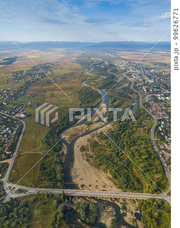 Ukraine, Stryi, Beautiful views on the river and city,  bird's eye view from quadcopter, dron 99626771