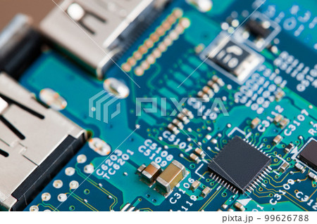 Close up of electronic components on the motherboard, microprocessor chip 99626788