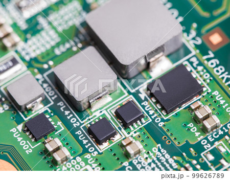 Close up of electronic components on the motherboard, microprocessor chip 99626789
