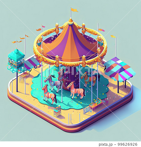 Cartoon isometric carousel merry go round, amusement park on blue background, Generative AI 99626926