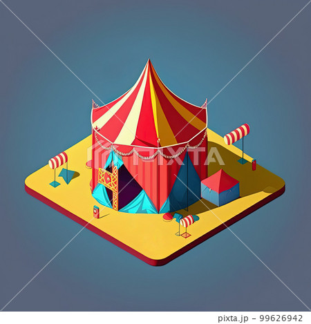 Cartoon isometric circus tent, amusement park on blue background, Generative AI 99626942