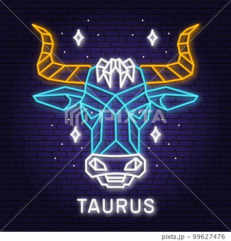 Zodiac astrology horoscope neon sign taurus linear design. Vector illustration. Elegant line art symbol or icon of taurus esoteric zodiacal horoscope templates promotion for logo or poster isolated. 99627476
