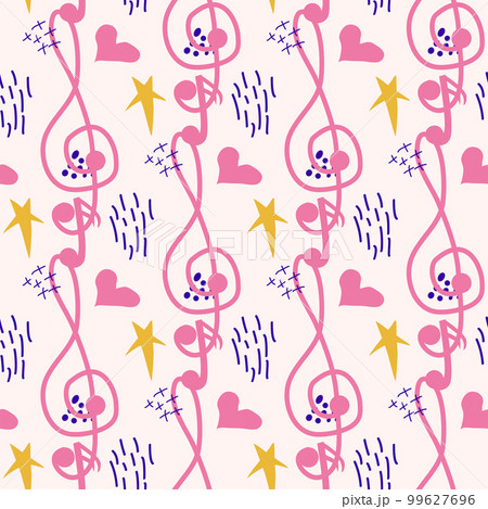 Pink, blue pastel texture with musical notes and a treble clef. Template 99627696