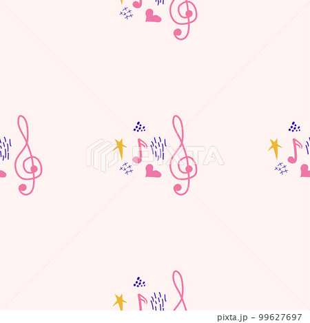Treble clef, notes, heart, stars, abstract elements seamless pattern in pink, blue pastel colors. Music backdrop 99627697
