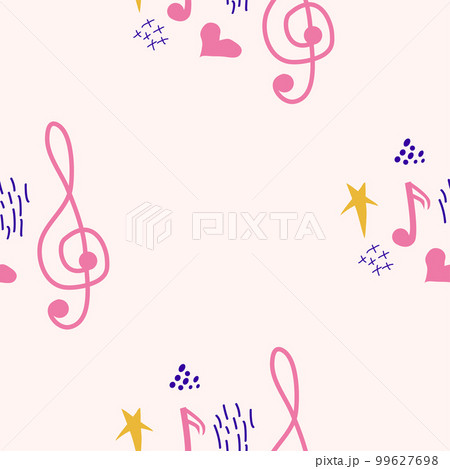 Treble clef, notes, heart, stars, abstract elements seamless pattern in pink, blue pastel colors. Music backdrop 99627698