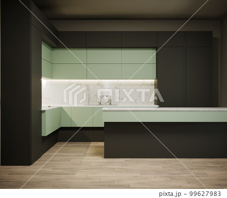3d rendering of new bright kitchen black and olive color furniture 99627983