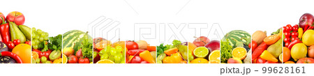 Wide panorama healthy fruits and vegetables separated by vertical lines on white. Wide panorama healthy fruits and vegetables separated by vertical lines on white. 99628161