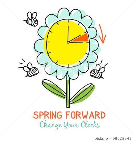 Spring Daylight Saving Time banner in cartoon doodle style with funny clock and schedule 99628343