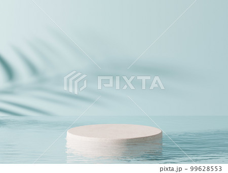 Podium standing in water, with palm shadow, on the blue background. Beautiful mock up for product, cosmetic presentation. Pedestal or platform for beauty products. Empty scene, stage. 3D rendering. Podium standing in water, with palm shadow, on the blue background. Beautiful mock up for product, cosmetic presentation. Pedestal or platform for beauty products. Empty scene, stage. 3D rendering. 99628553