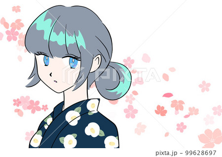 卒業　入学　まとめ髪の女性　着物　浴衣　桜の季節　桜舞い散る　イラスト　手描き 99628697