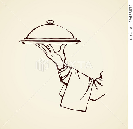 Hand of waiter with dish. Vector drawing 99628839