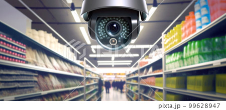 A security camera over a convenience store perspective. Generative AI illustration 99628947