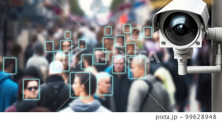 A surveillance camera in a busy street using facial recognition technology to monitor the population. Generative AI illustration 99628948