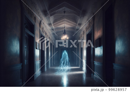 A ghostly translucent figure floats along a hallway of haunted house, horror story scene. Generative AI illustration 99628957