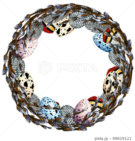 Watercolor easter frame with willow branches, feathers, eggs. Spring illustration on white background for decor Watercolor easter frame with willow branches, feathers, eggs. Spring illustration on white background for decor 99629121
