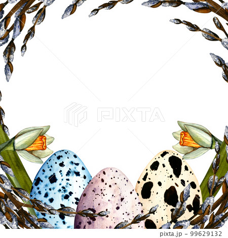 Watercolor easter frame with willow branches, daffodils, eggs. Spring illustration on white background for decor Watercolor easter frame with willow branches, daffodils, eggs. Spring illustration on white background for decor 99629132
