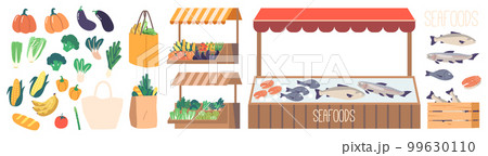 Set of Food Market Stalls Displaying Fresh Products And Goods. Outdoor Setting With Vendors Booths Vector Illustration Set of Food Market Stalls Displaying Fresh Products And Goods. Outdoor Setting With Vendors Booths Vector Illustration 99630110