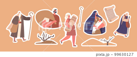 Set Stickers Moses Guides Israelites Through Desert, Character with Staff In Hand, People Exodus to Promised Land Set Stickers Moses Guides Israelites Through Desert, Character with Staff In Hand, People Exodus to Promised Land 99630127