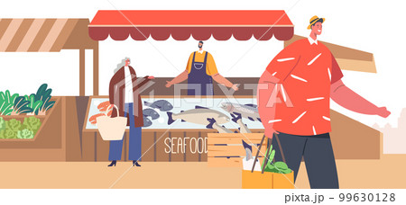 People Shopping Goods at Outdoor Food Market. Characters Buying Fresh Seafood and Vegetables Vector Illustration 99630128