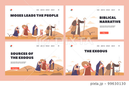 Moses Leads the People Landing Page Template Set. Biblical Prophet Guides Israelites Through Desert Vector Illustration Moses Leads the People Landing Page Template Set. Biblical Prophet Guides Israelites Through Desert Vector Illustration 99630130