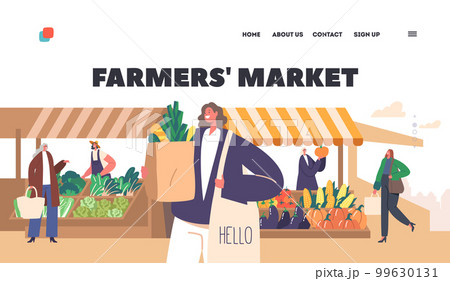 Farmer's Market Landing Page Template. Characters Browsing Stalls with Fresh Food Products, Vegetable, Greenery Goods Farmer's Market Landing Page Template. Characters Browsing Stalls with Fresh Food Products, Vegetable, Greenery Goods 99630131