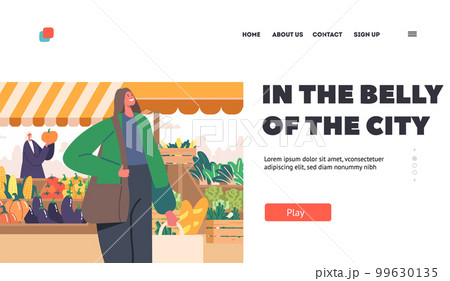 Farmer City Market Landing Page Template. Busy And Bustling Market Represents A Hub Of Food Commerce Vector Illustration 99630135